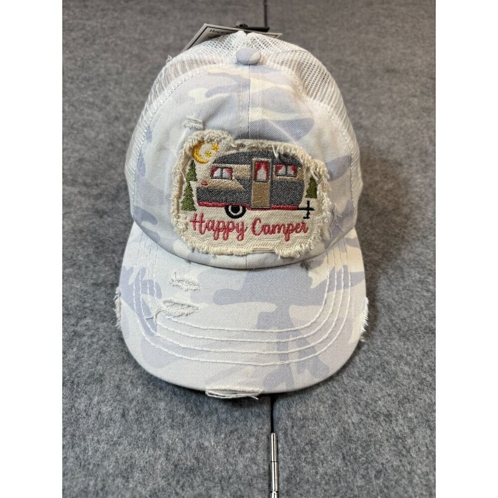 C.C Exclusives Happy Camper Baseball Cap Womens OS White Criss Cross Trucker Hat
